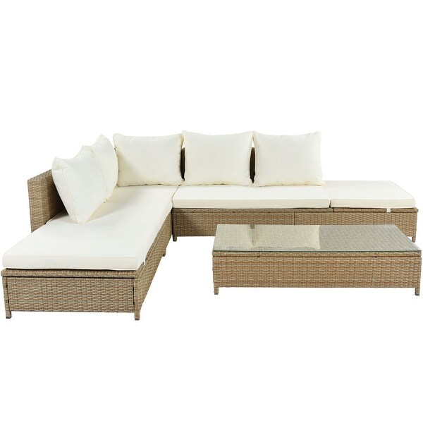 3-Piece All-Weather Rattan Sofa Set with Adjustable Chaise Lounge and Tempered Glass Table， Natural Brown， Beige Cushions - Overstock - 37495310