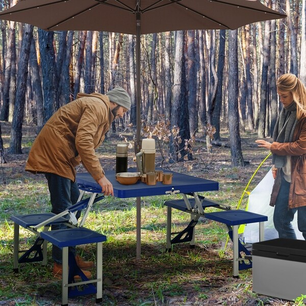 Portable Folding Picnic Table with Seats and Umbrella Hole， Blue