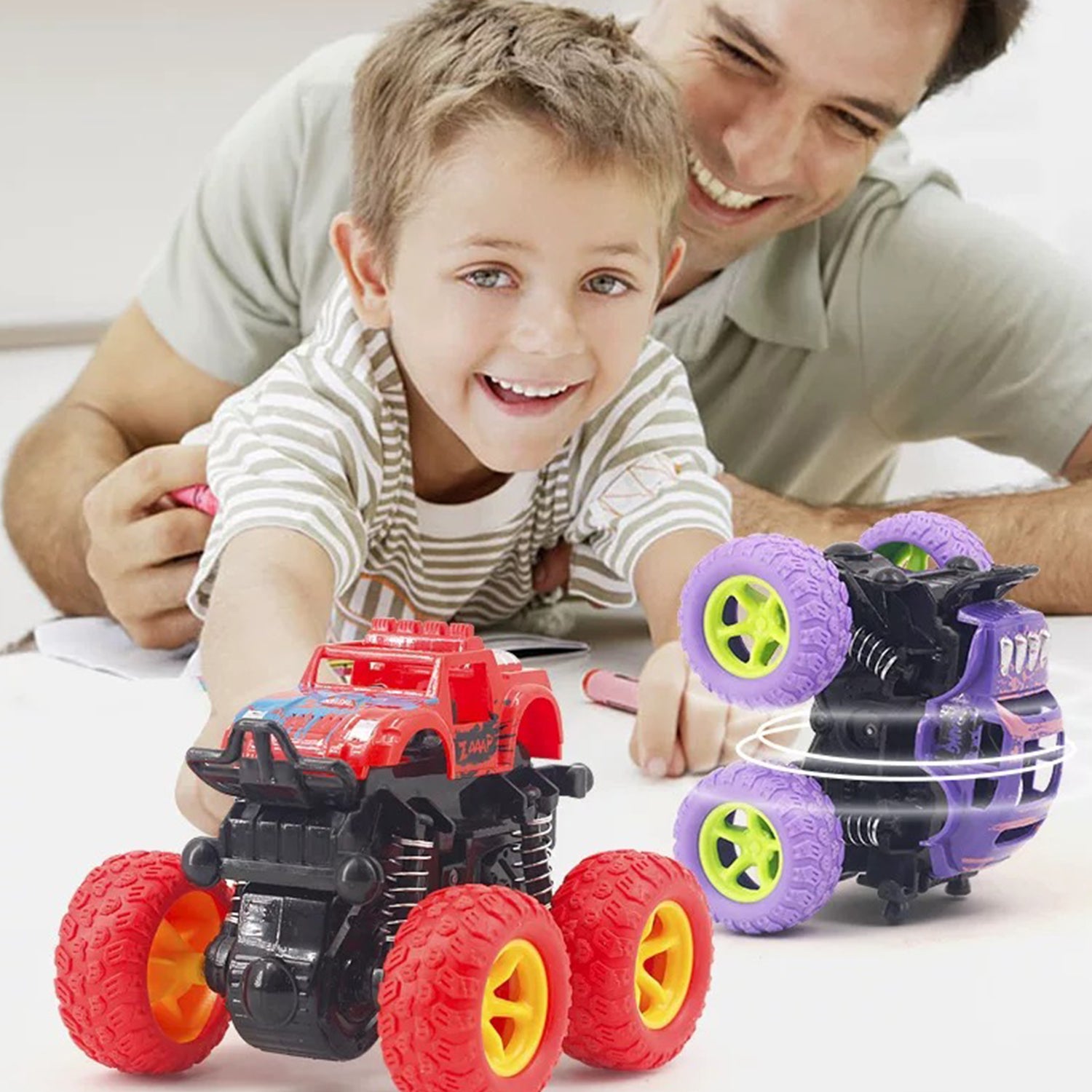 FANL Monster Truck Toys， 4-Pack Friction Powered Toy Cars Push and Go Vehicles for Kids， Stunk 360° Roating Toy