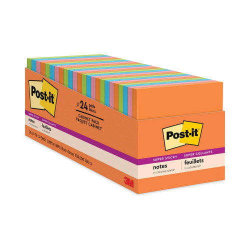 Post-it Pads in Rio de Janeiro Colors， 3 x 3， 70-Sheet Pads， 24/Pack (65424SSAUCP)