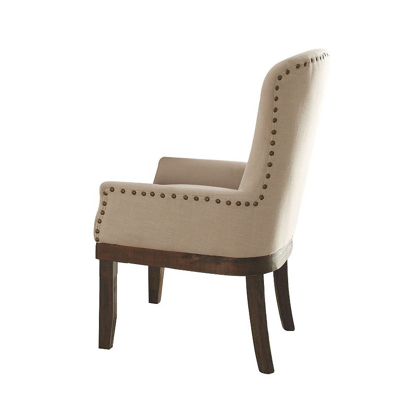 Wooden Arm Chair with Wing Back and Nailhead Trims， Beige and Brown