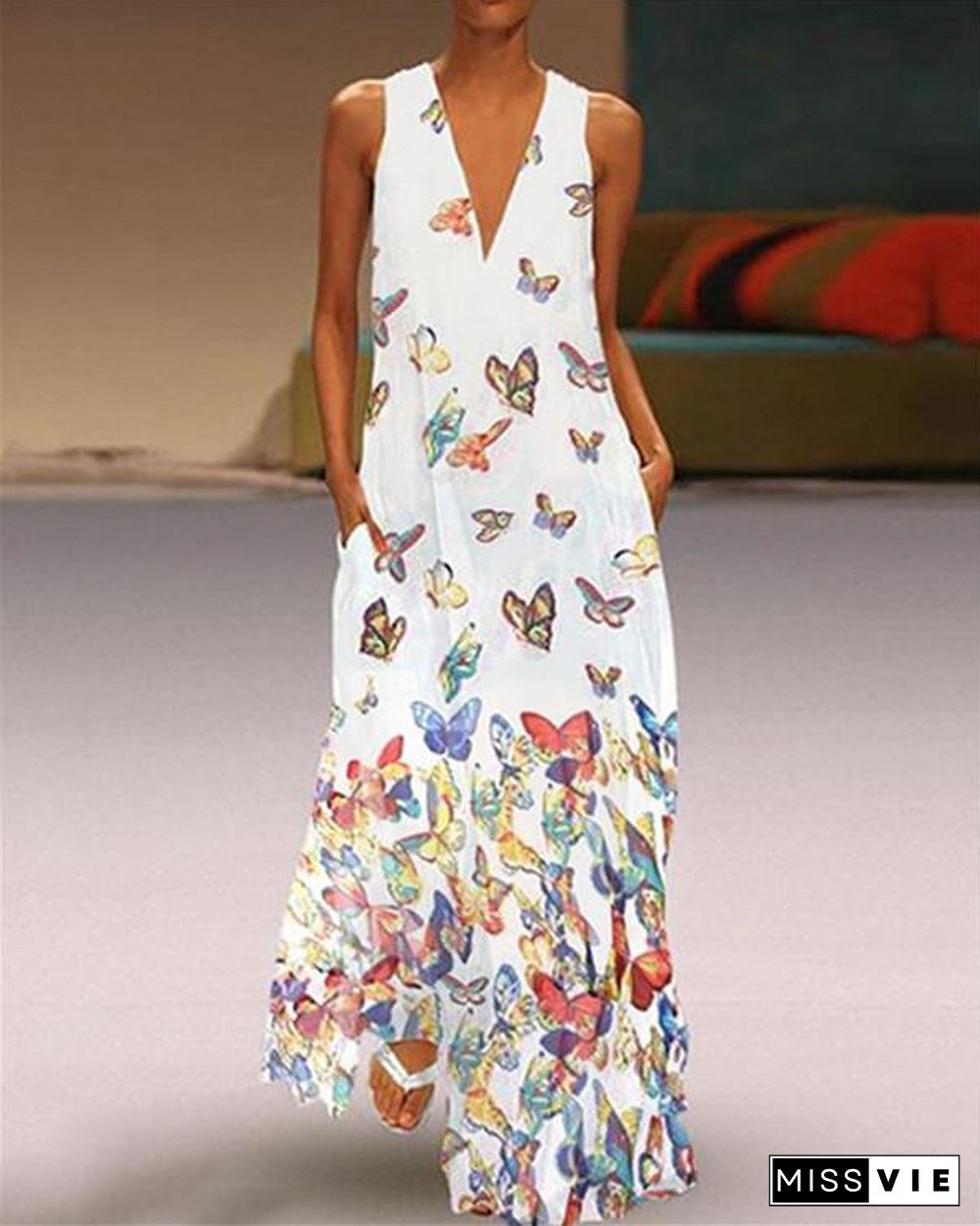 Vintage V Neck Summer Sleeveless Printed  Maxi Dresses