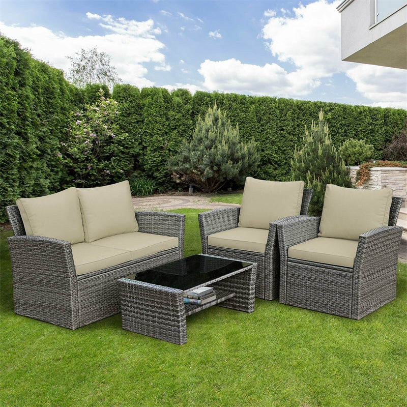 4 Pcs Rattan Patio Sectional Furniture Set with Storage Shelf Table, Cushioned Outdoor Wicker Conversation Sofa Set