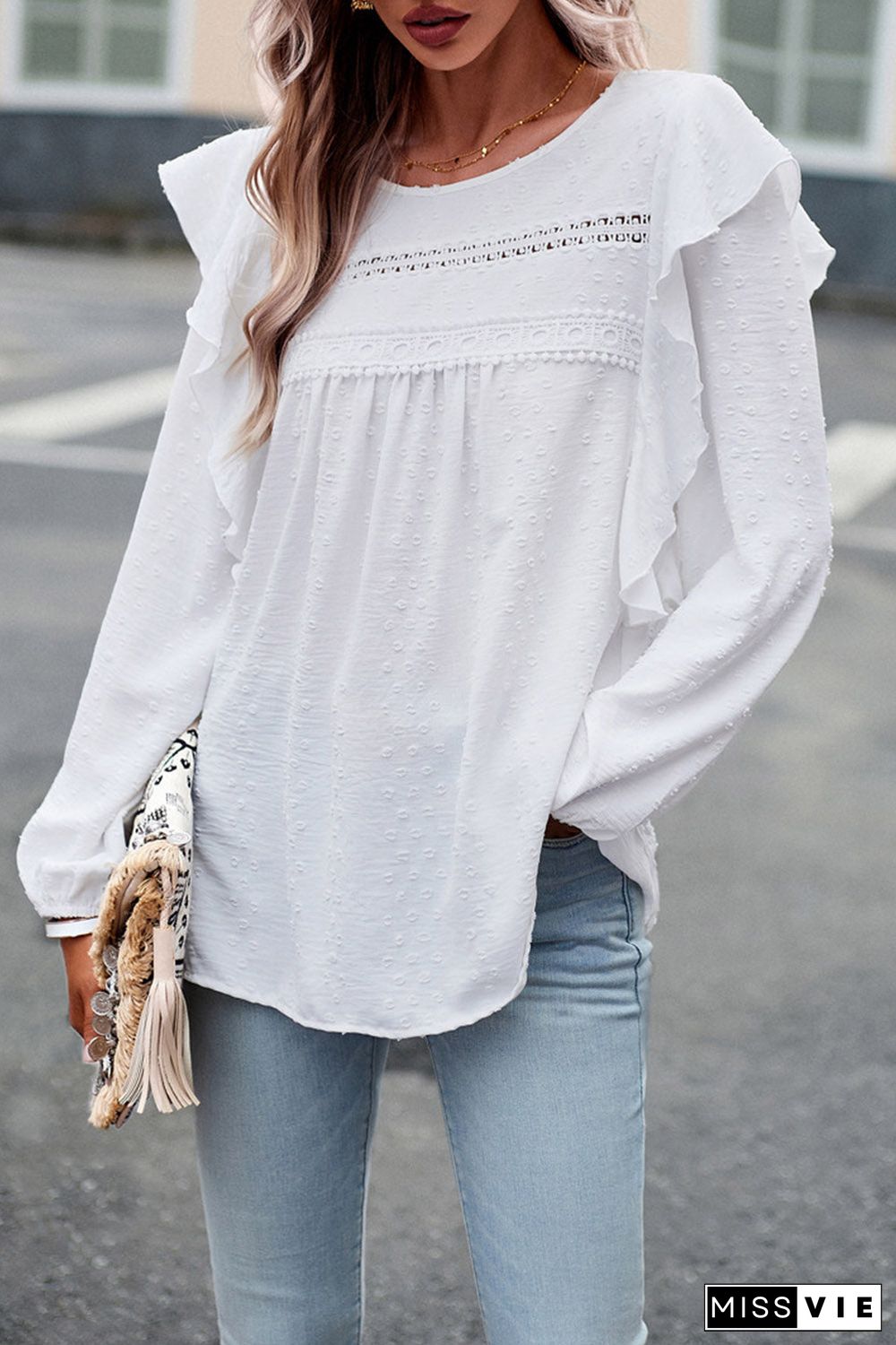 Lace Eyelet Ruffle Shoulder Long Sleeve Blouse