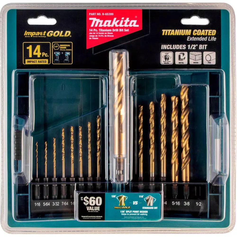 Makita Impact 1/4 in. Hex Shank Gold Titanium Drill Bit Set (14-Piece) and#8211; XDC Depot