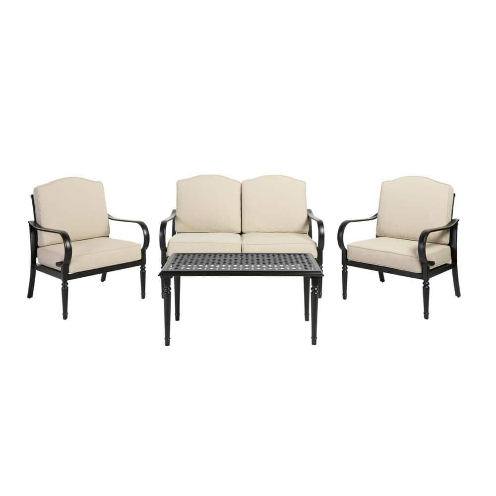 Hampton Bay Laurel Oaks Black 4-Piece Steel Outdoor Patio Conversation Seating Set with CushionGuard Putty Beige Cushions 505.0370.002