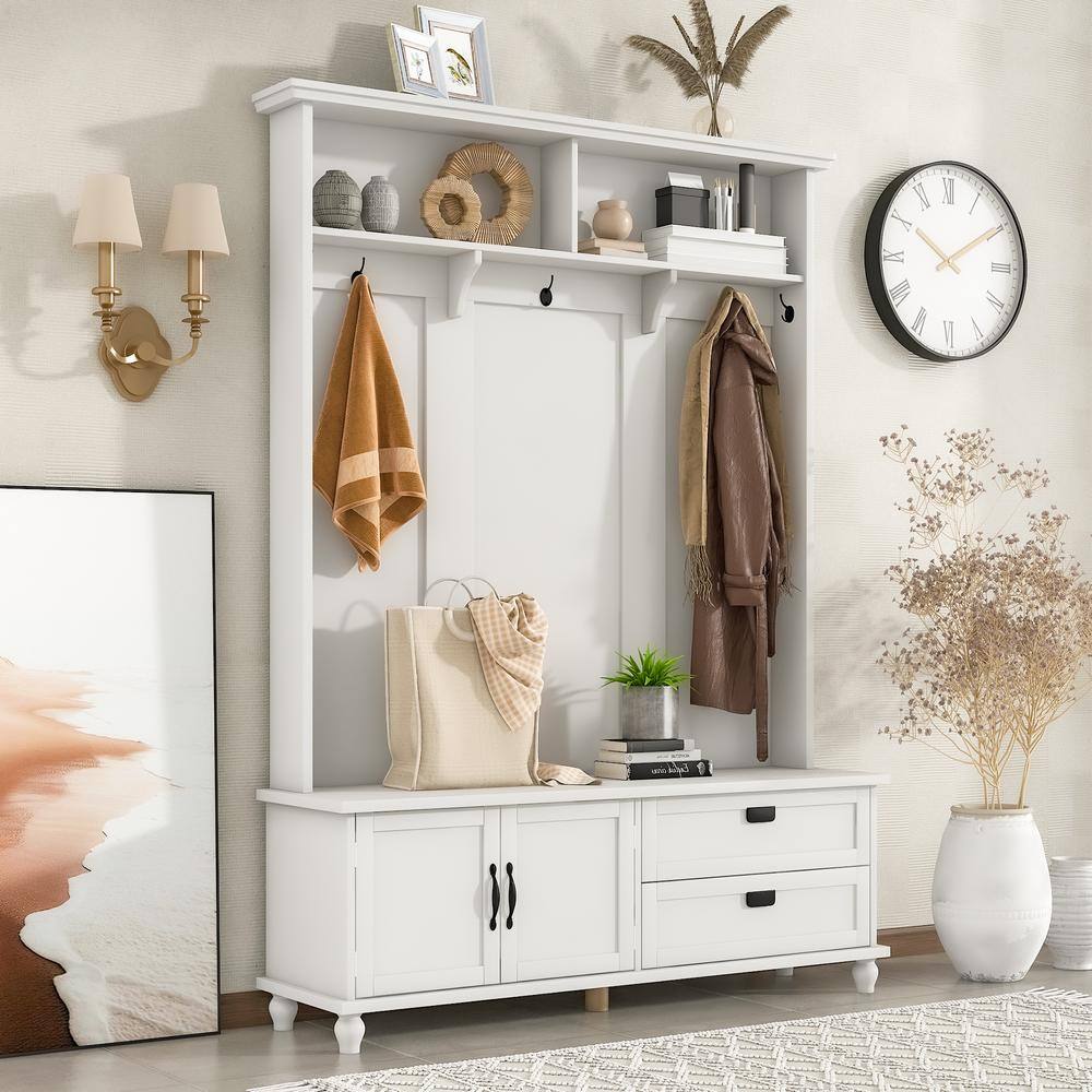 URTR Modern Style White Hall Tree with Storage Cabinet and 2-Large Drawers Widen Mudroom Bench with 5-Coat Hooks WYX-675W