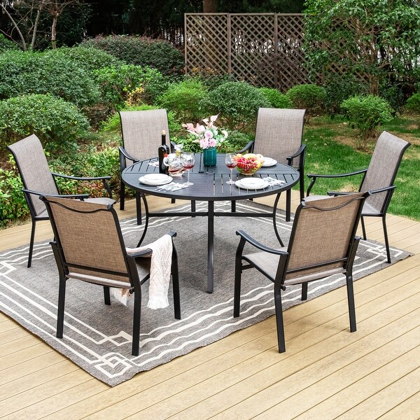 MAISON ARTS 5/7Piece Patio Dining Set，Round Metal Table and 4/6 Textilene Fabric Padded Armchairs