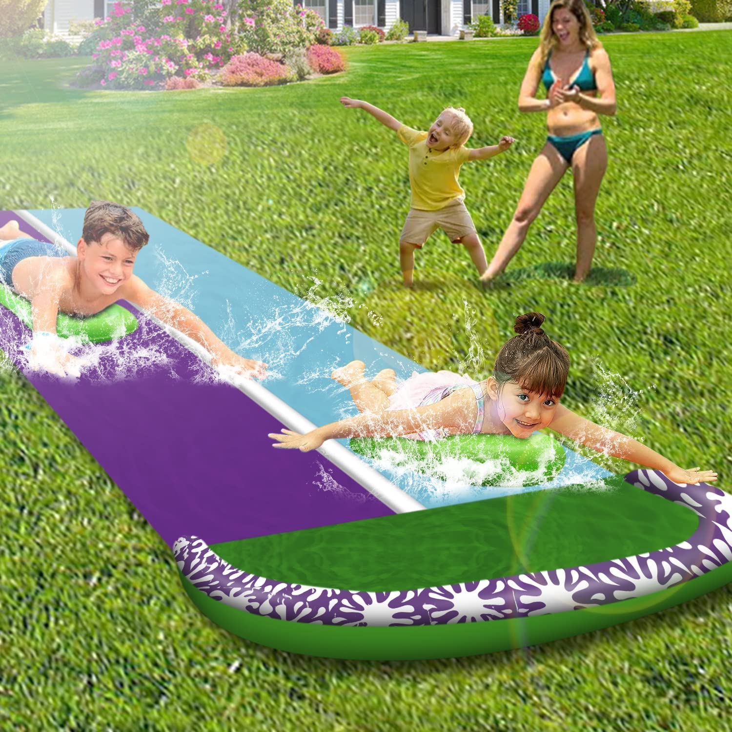 Lavinya Water Slides for Kids And Children - 16 FT Inflatable Water Slides with 2 Surfboards Waterslide, Summer Toy with Build in Sprinkler for Hot Summer Water Toys, Purple