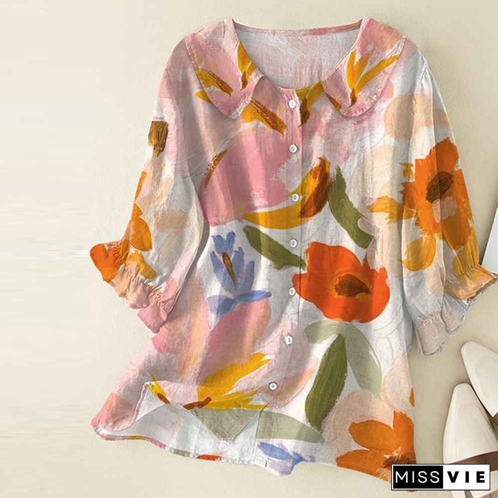 Cute Watercolor Floral Print 3/4 Sleeve Shirt