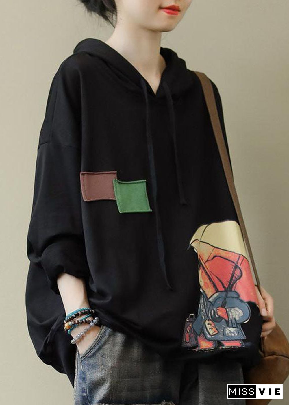 Women Black Hooded Cotton Sweatshirt Street wear Spring