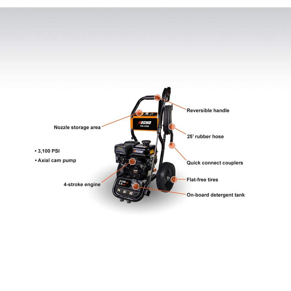 ECHO 3100 PSI 25 GPM Gas Cold Water Pressure Washer with 212 cc 4Stroke Engine and 25 Foot Hose with 4 Included Nozzle Tips