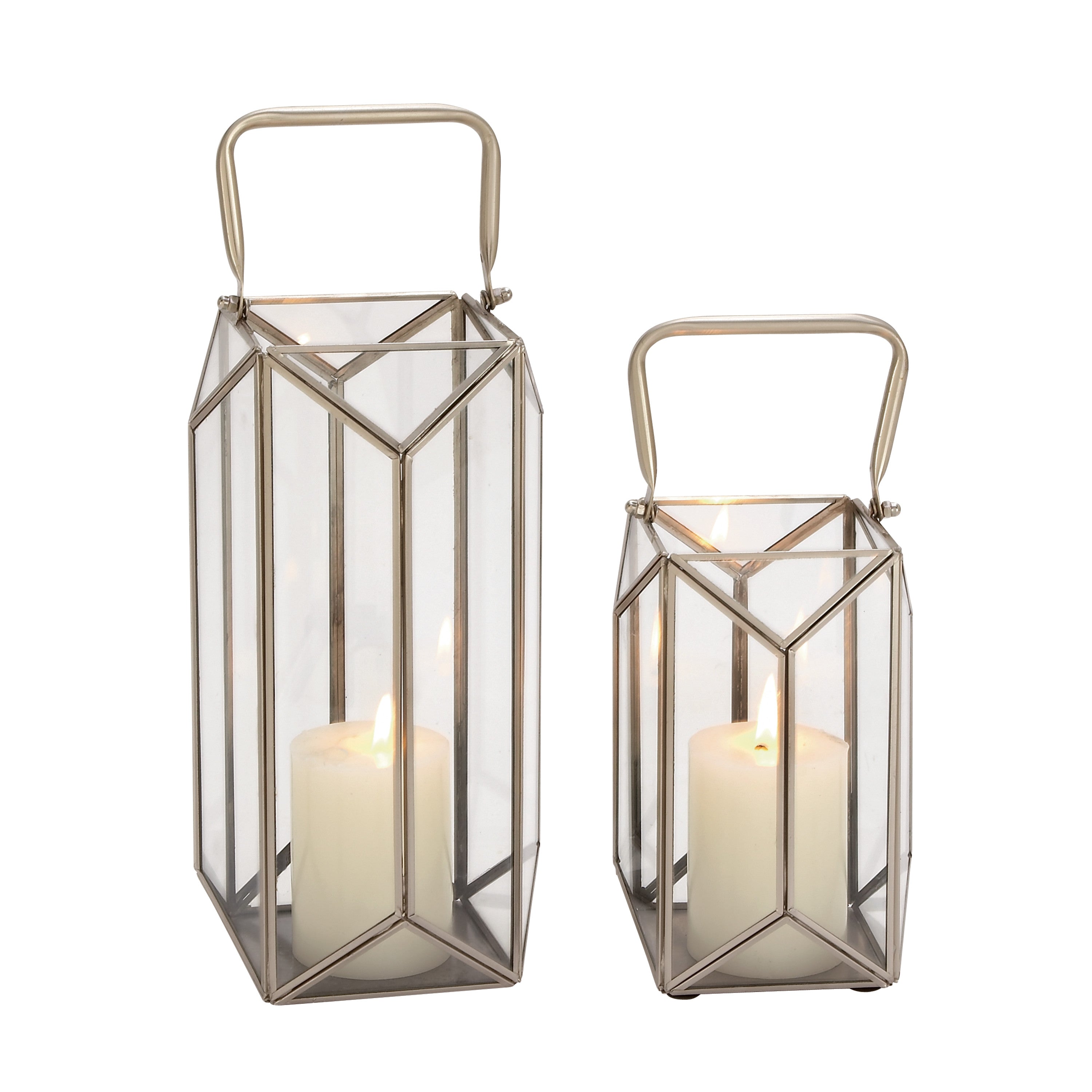 The Novogratz 2 Holder Silver Glass Candle Lantern with Handle， Set of 2