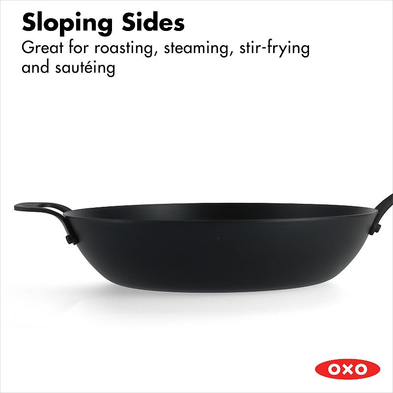 OXO Obsidian Pre-Seasoned Carbon Steel 12-in. Induction Wok Pan with Removable Silicone Handle Holder