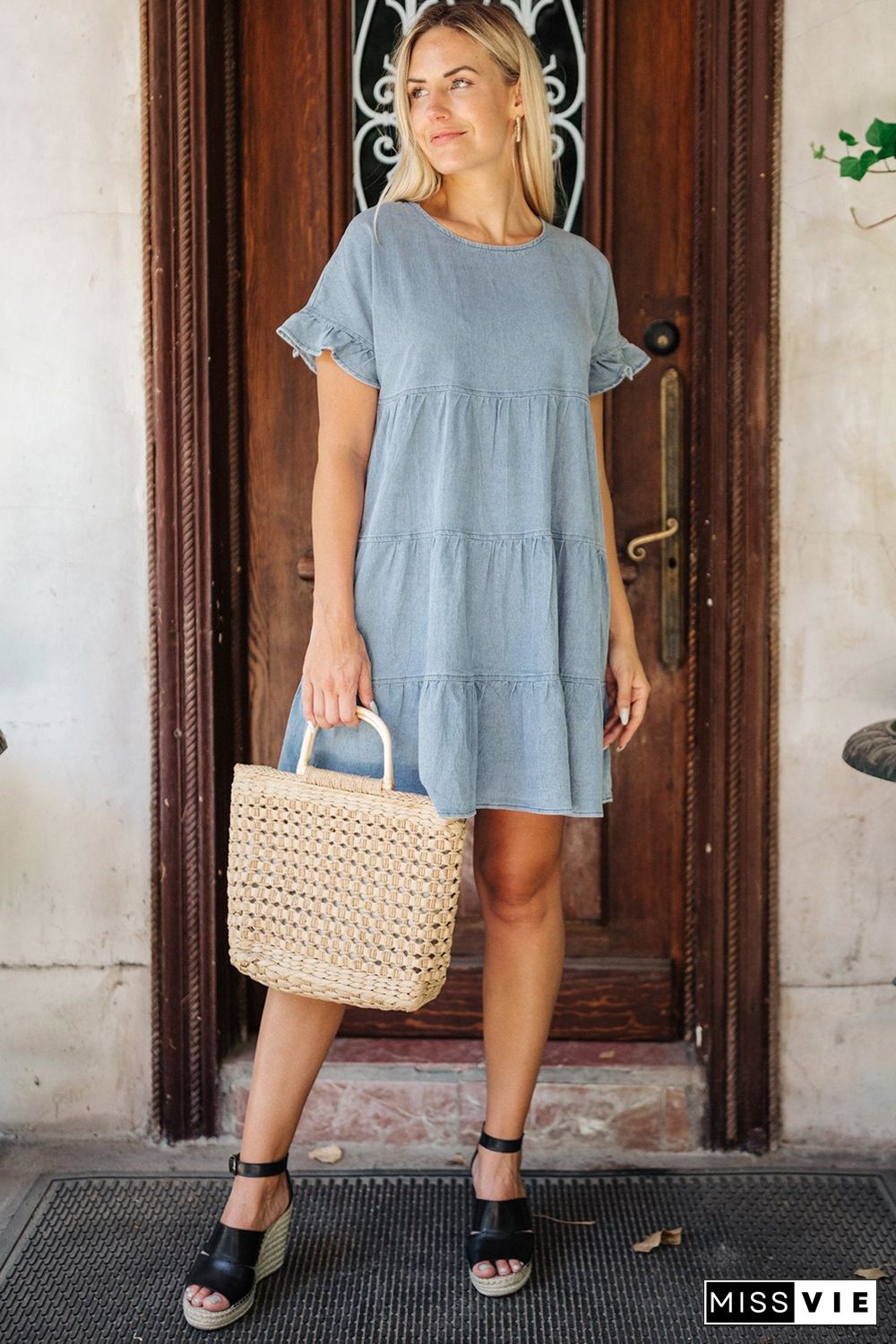 Sky Blue Ruffled Short Sleeves Tiered Denim Dress