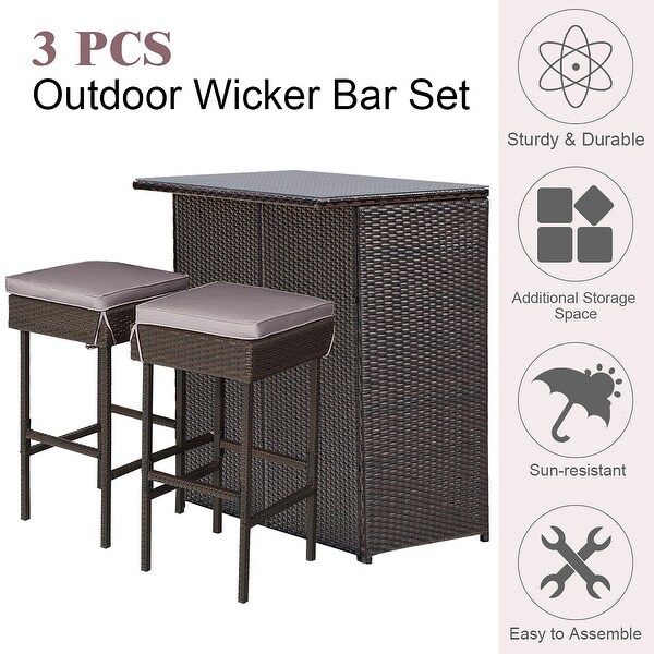 Costway Patio 3PCS Rattan Bar Table Stool Set Cushioned Chairs with