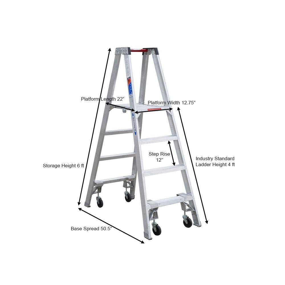 Werner 10 ft. Reach Aluminum Platform Twin Step Ladder with Casters 300 lb. Load Capacity Type IA Duty Rating PT374-4C