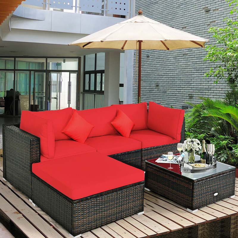 5 Pcs Outdoor Patio Rattan Furniture Sectional Sofa Set Wicker Conversation Set with Cushions