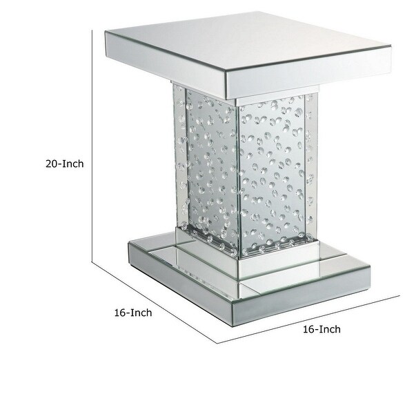 Pali 20 Inch Square Pedestal End Table， Mirrored， Faux Crystal Inlay， Silver - 16