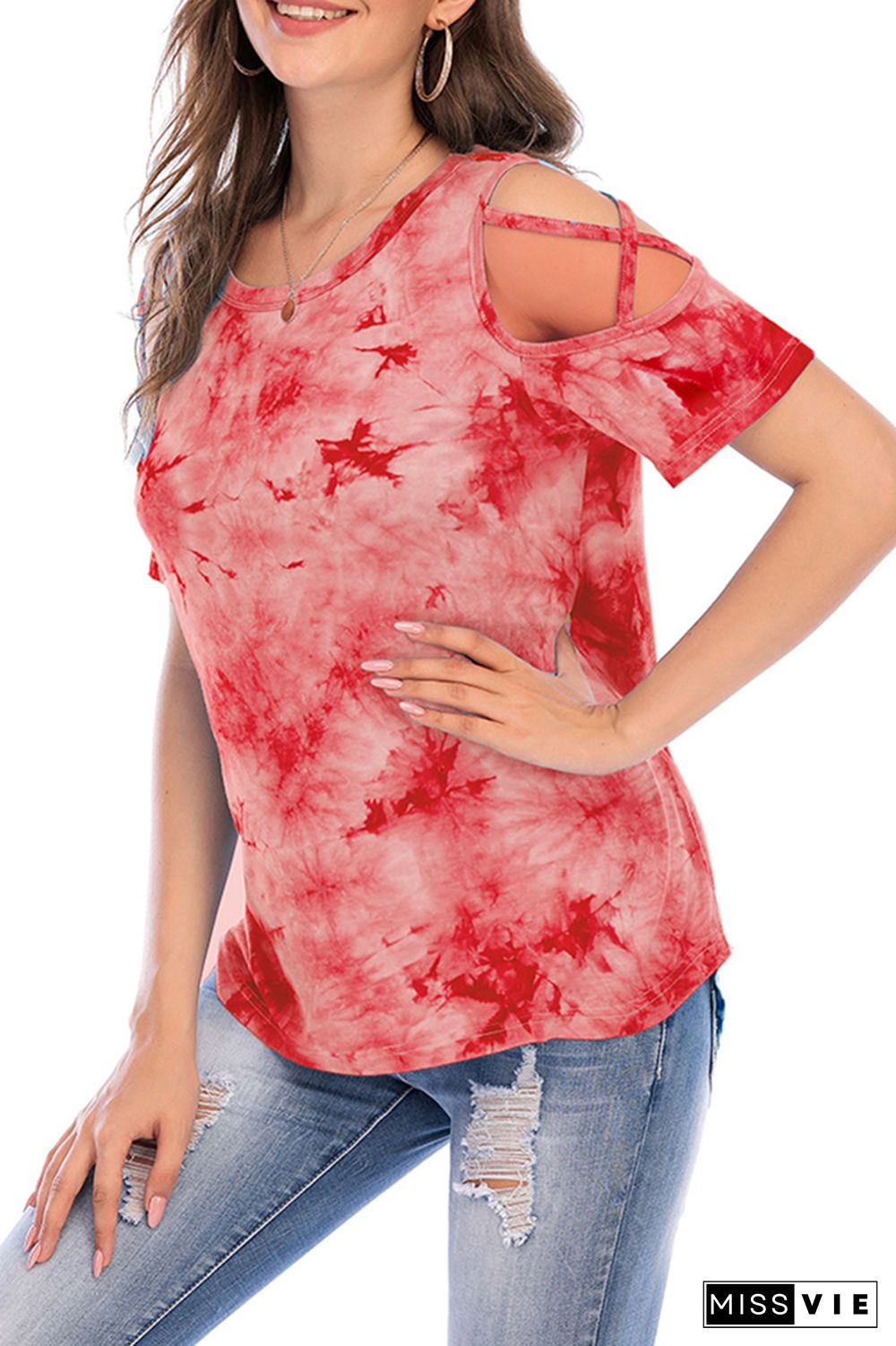 Criss-Cross Short Sleeve Crew Neck Tie Dye T-Shirt Wholesale