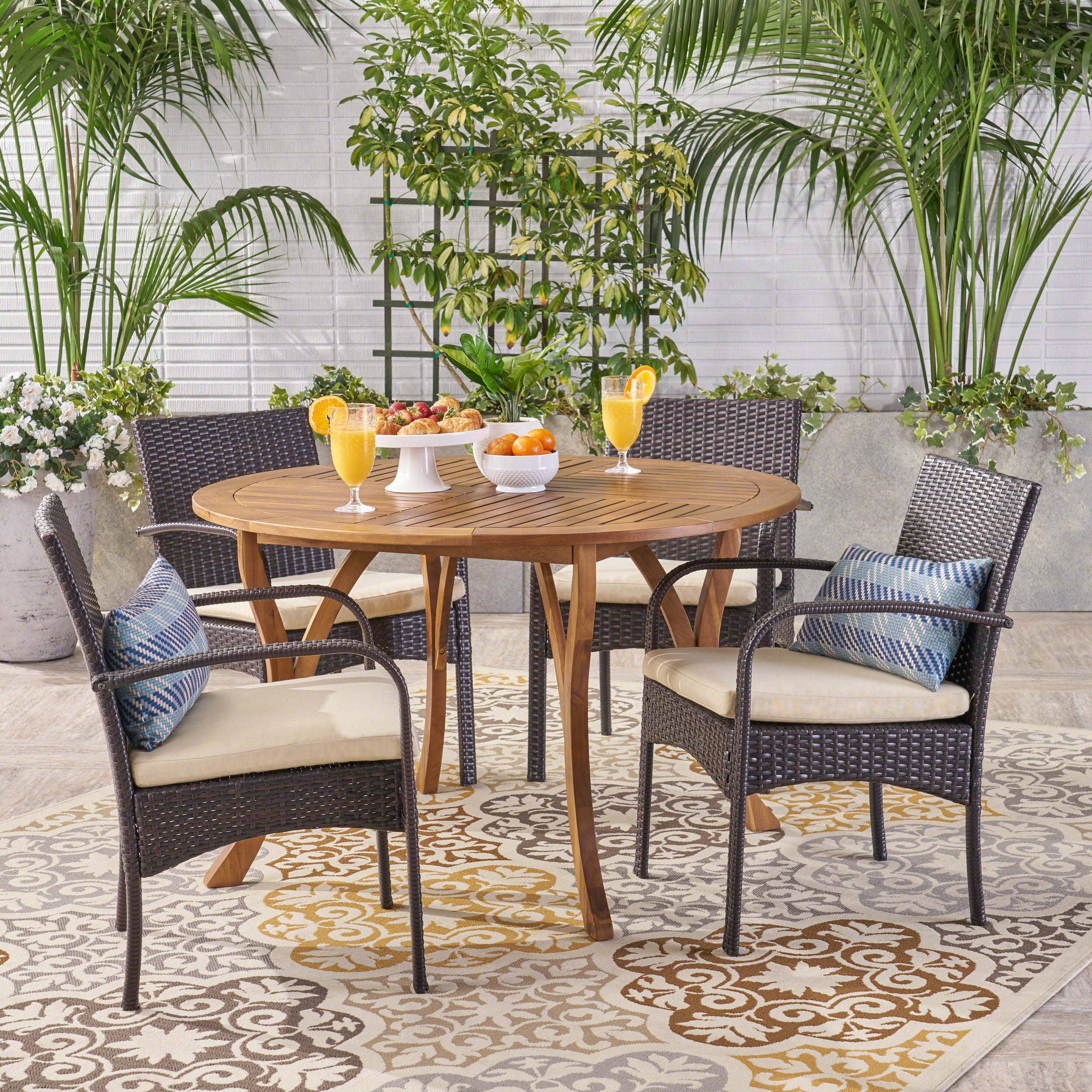 Jaden Outdoor 5 Piece Acacia Wood and Wicker Dining Set