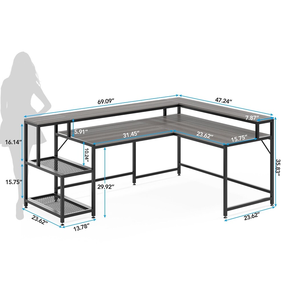 Reversible L Shaped Desk with Monitor Shoelf  Large Computer Desk for Office Home