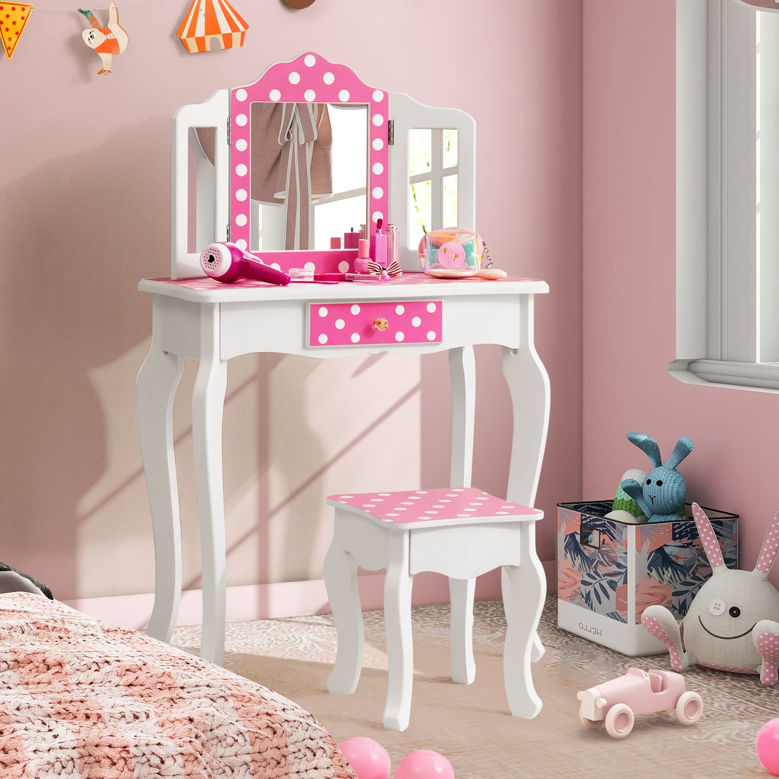 Costzon Kids Vanity Table and Chair Set, Girls Vanity Set with Mirror and Stool, Pretend Play Vanity Set for Little Girls