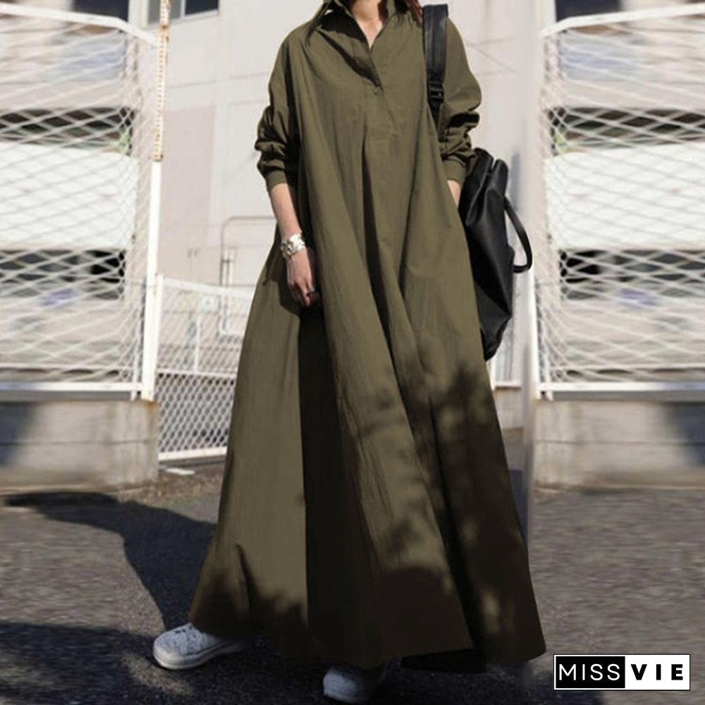 Women Turn-down Collar Long Sleeve Shirt Dress Loose Plain Maxi Blouse Dresses