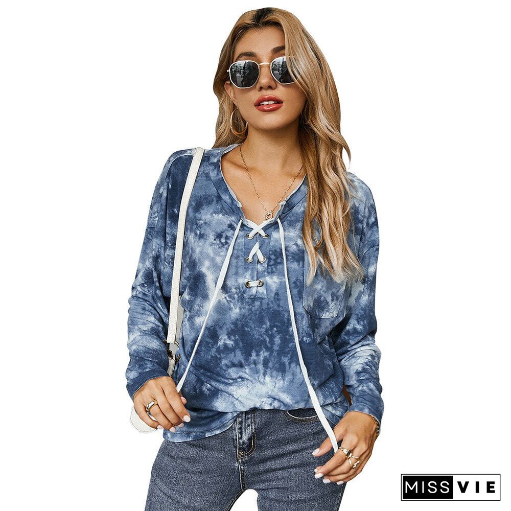 Sale Women Tie Dye Print T-shirt Long Sleeve Loose Tops for Women Autumn Cross Bandage Casual Basic Tops Female Pullovers D30