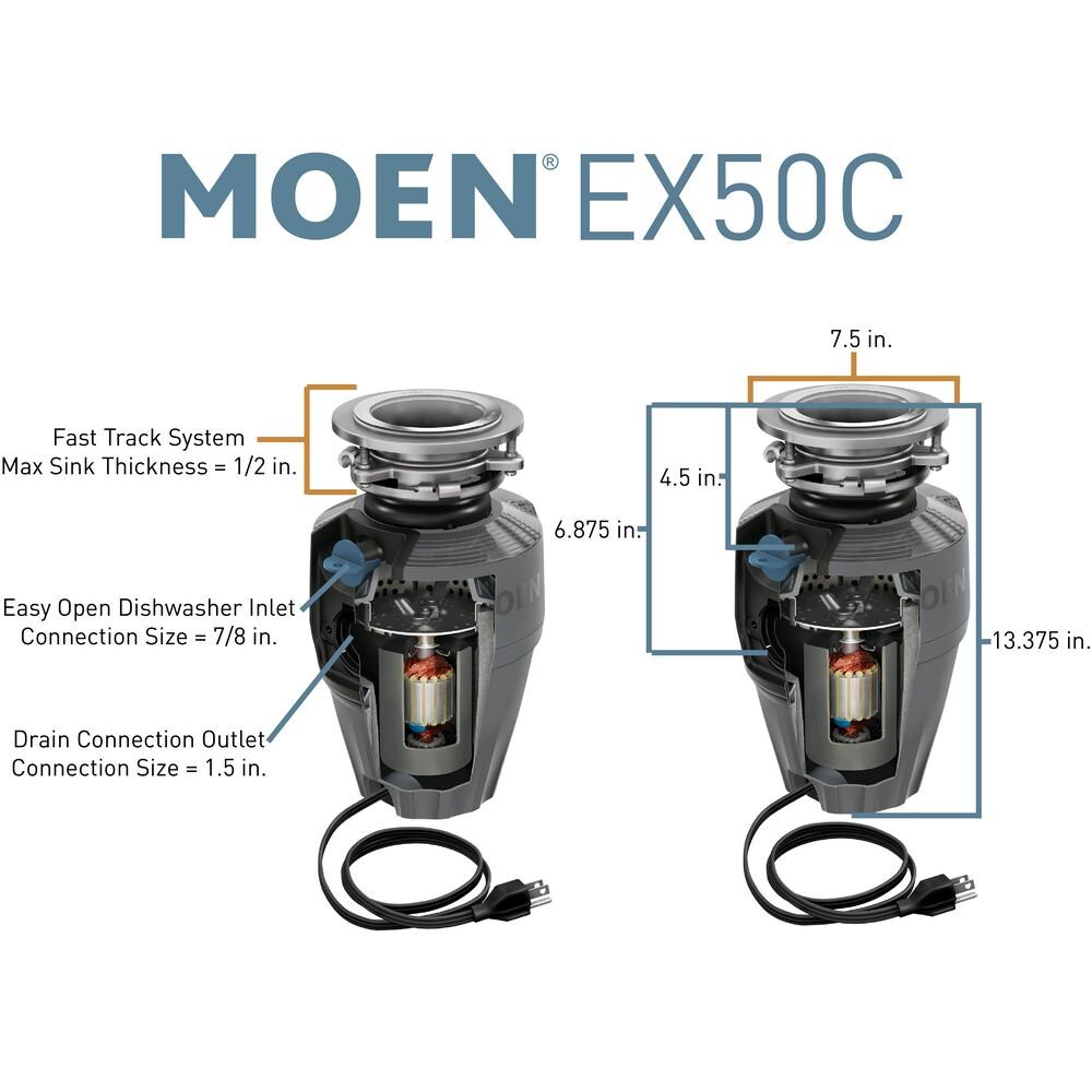 Moen EX50C Prep Corded 1/2-HP Continuous Feed Noise Insulation Garbage Disposal