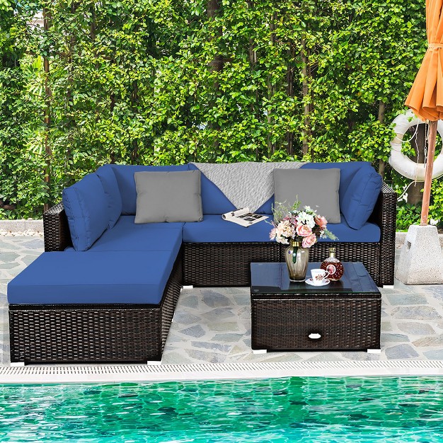 Costway 6pcs Outdoor Patio Rattan Furniture Set Cushioned Sectional Sofa Navy black turquoise