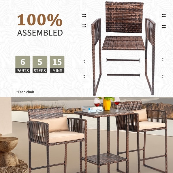 Patio 3Piece PE Wicker Bar Set with Cushions