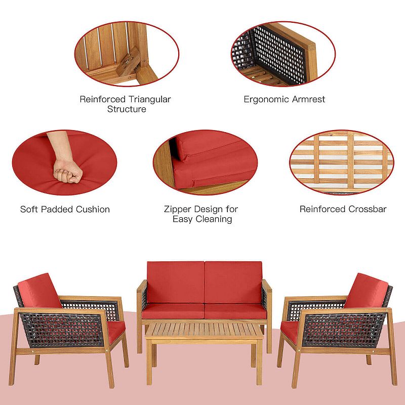 4 Pieces Patio Rattan Furniture Set with Removable Cushions