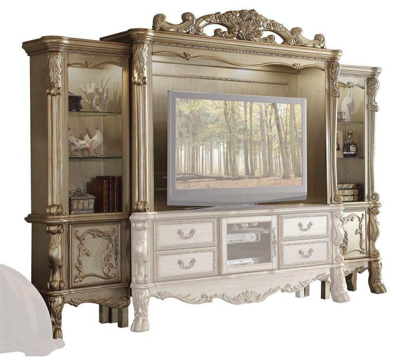 ACME Dresden Wooden Entertainment Center with Bridge in Vintage Bone White   Victorian   Entertainment Centers And Tv Stands   by Homesquare  Houzz