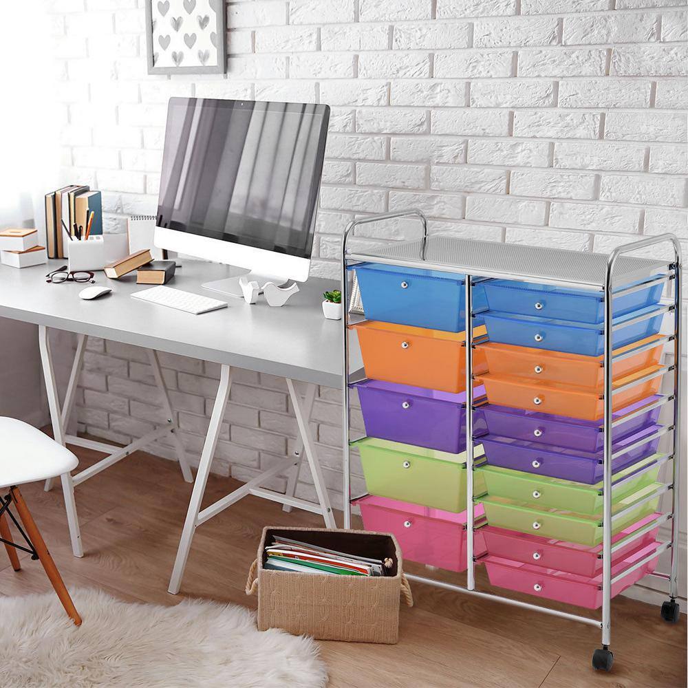 Costway 15 Drawer 4-Wheeled Plastic Rolling Storage Cart Tools Scrapbook Paper Office School Organizer in Colorful HW53825