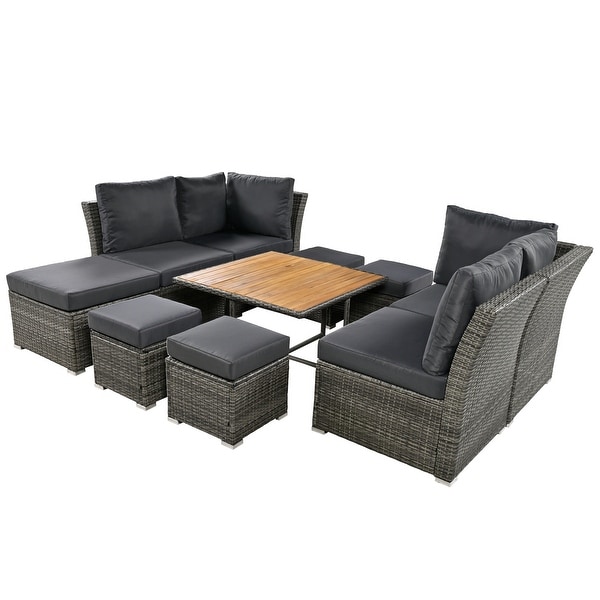 10 Piece Outdoor Patio Furniture Set，Rattan Conversation Set with Coffee Table Sectional Dining Set with Ottoman