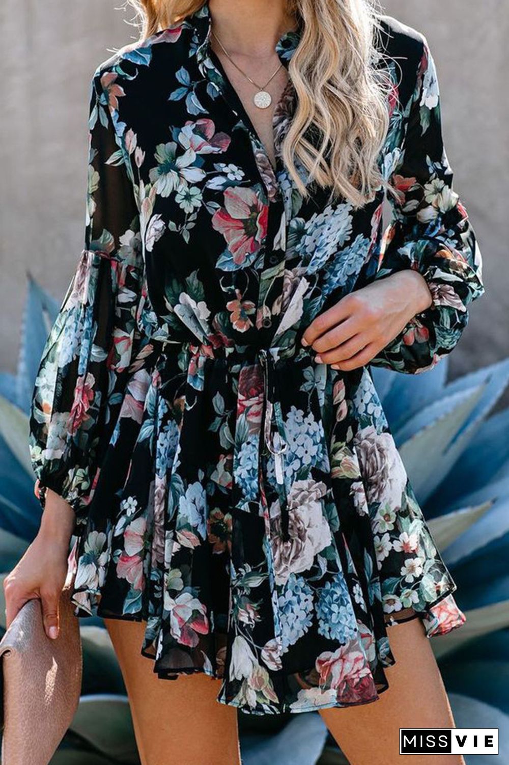 Elegant Floral Frenulum Buckle Waist Skirt Dresses