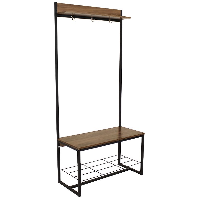 Sunnydaze Industrial MDP Hall Tree with Coat/Shoe Rack - Brown - 67 in