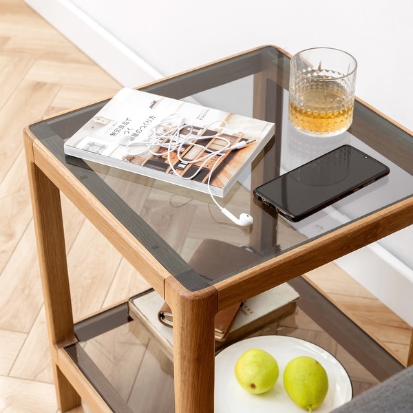 Natural Oak Wood End Table with Tempered Glass