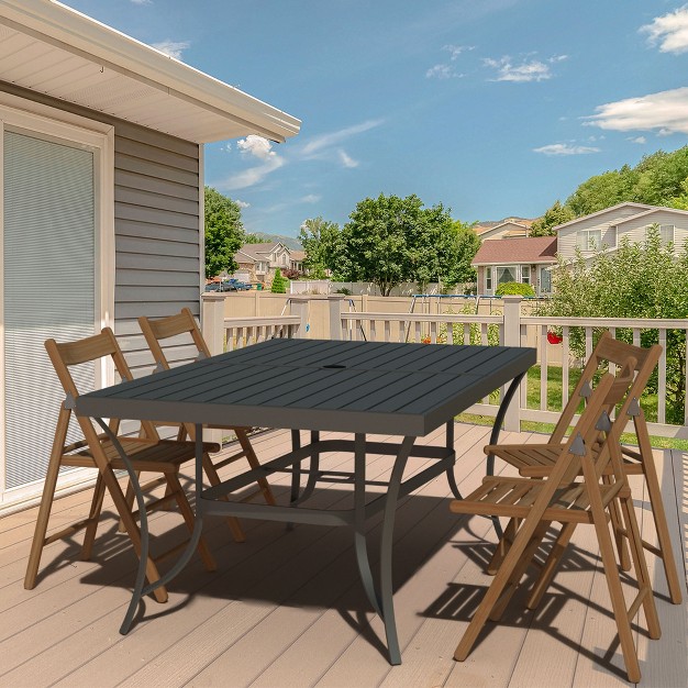 Four Seasons Courtyard Palermo Slat Top Table With Aluminum And Powder Coated Frame And Umbrella Hole For Outdoor Dining Tables Gray