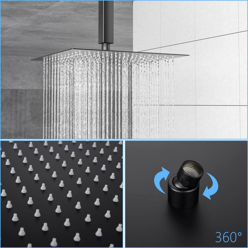 Magic Home 1-Spray 16 in. Ceiling Mount Square Rainfall Shower Head with Hand Shower and Tub and Faucet in Black (Valve Included) SL-16015Z-B-16