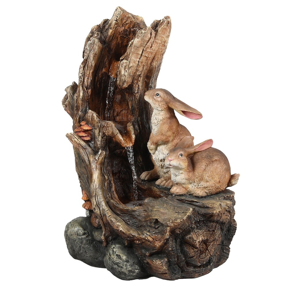 Resin Two Bunnies Tree Stump Outdoor Fountain with LED Lights