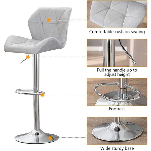 Velvet Armless Bar Stools Set of 2， Swivel Counter Stools Height Adjustable， with Diamond Padded， Light Grey