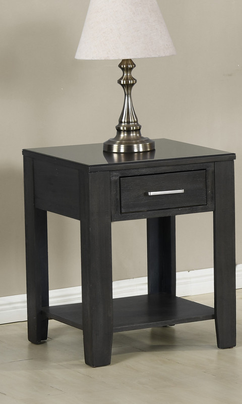 Bruno Ash Gray Wooden End Table With Tempered Glass Top and Drawer   Transitional   Side Tables And End Tables   by Lilola Home  Houzz