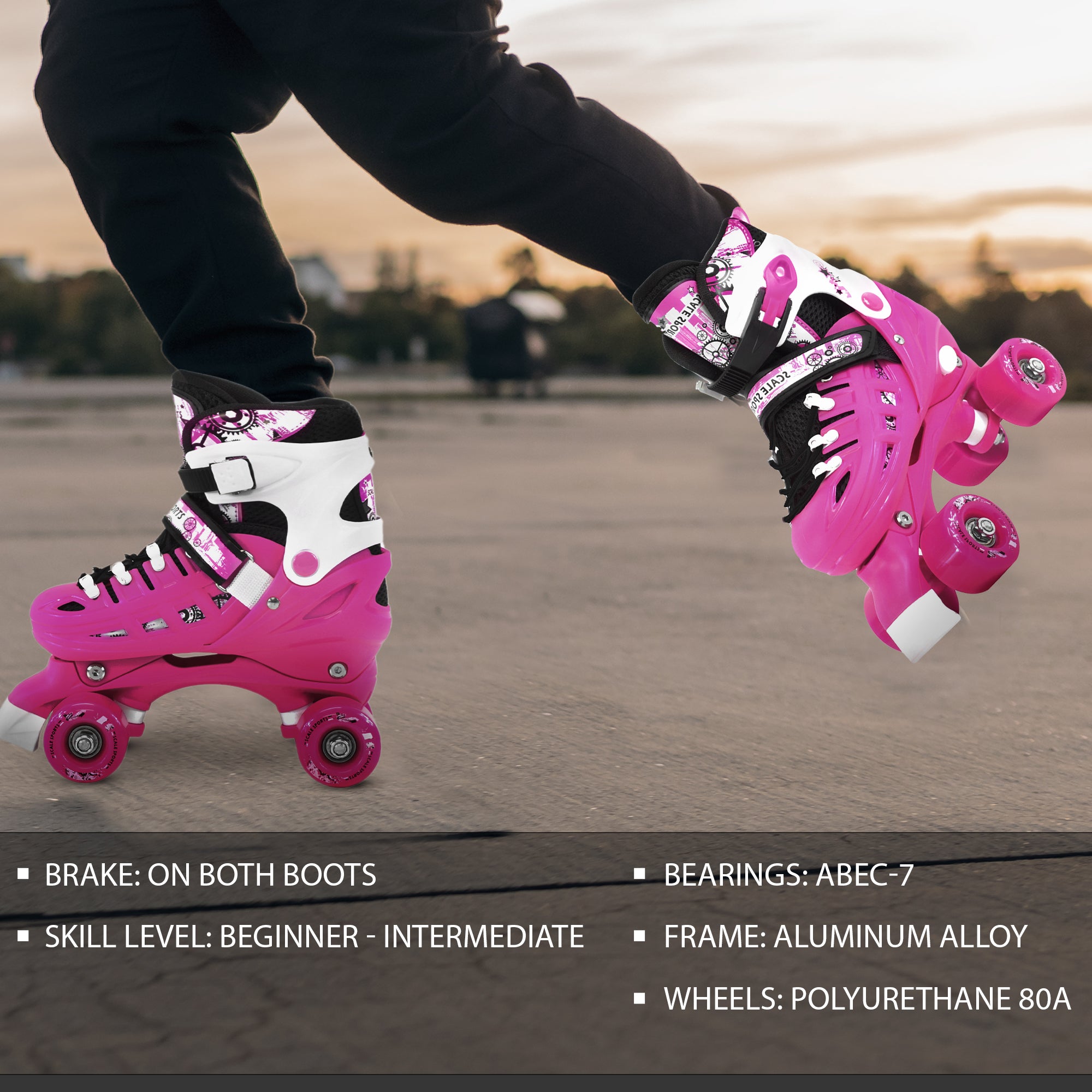 Adjustable Pink Quad Roller Skates For Kids Small Sizes