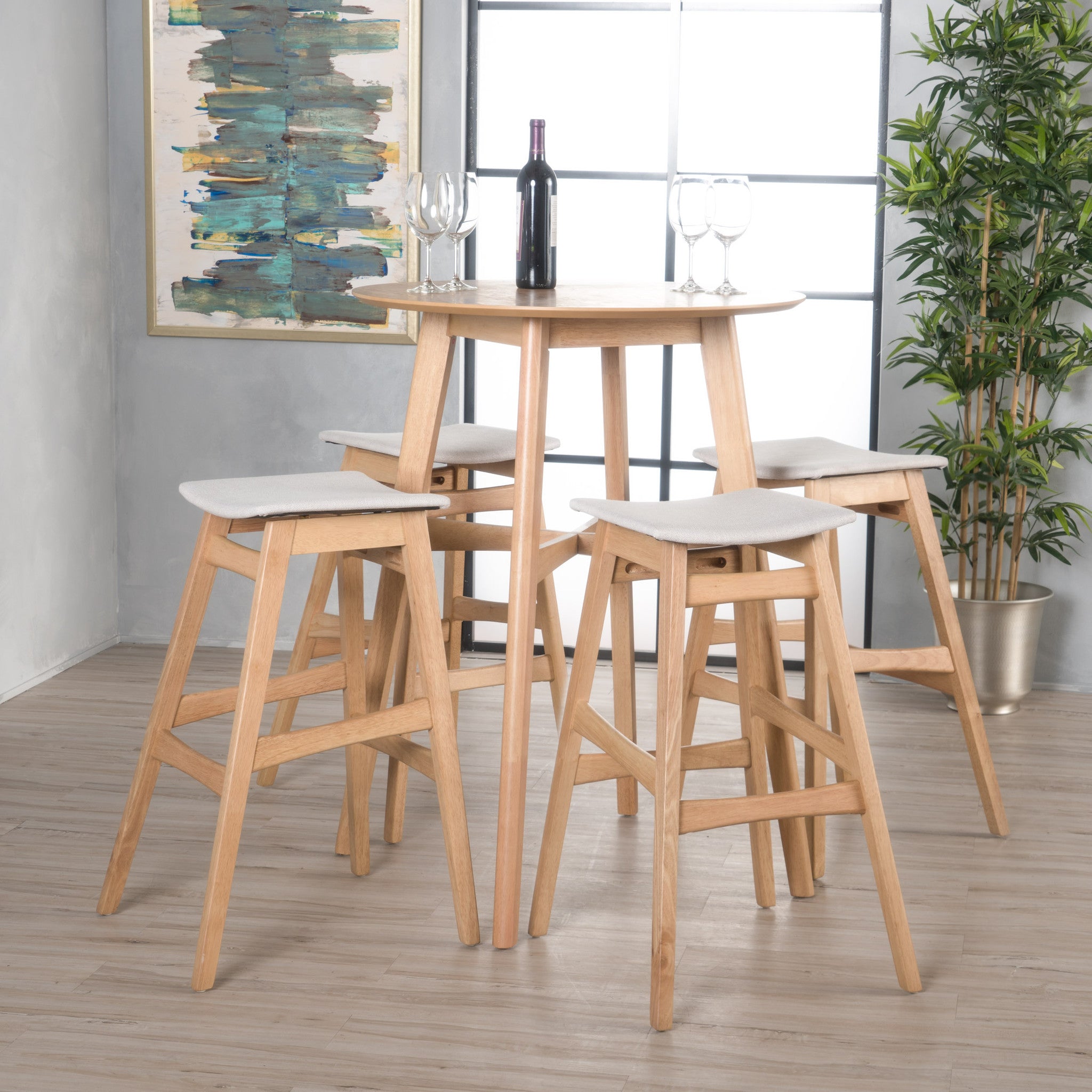 Simi Natural Oak Finish Circular 5 Piece Bar Height Dining Set