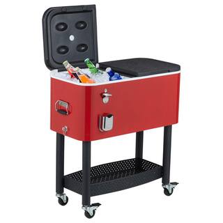 EROMMY 80 Qt. Rolling Cooler Cart with Bottom Shelf Ice Chest with Wheels Portable Party Cold Drink Cart Red LYOT-011RD