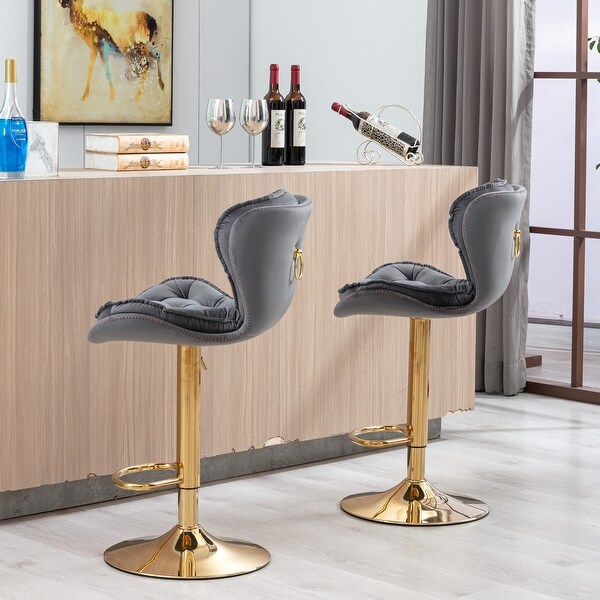 Modern Bar Stools with Chrome Footrest and Base Swivel Height Adjustable Mechanical Lifting Velvet， Golden Leg， Set of 2