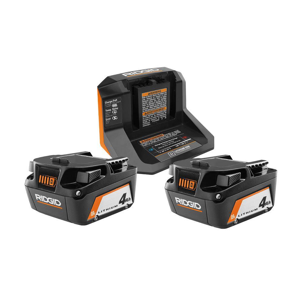 RIDGID 18V Lithium-Ion 4.0 Ah Battery (2-Pack) and 18V Charger Kit AC87004P-AC86093N