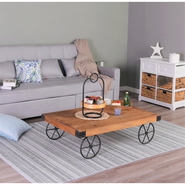 Sophia and William Rustic Coffee Table with Metal Wheels